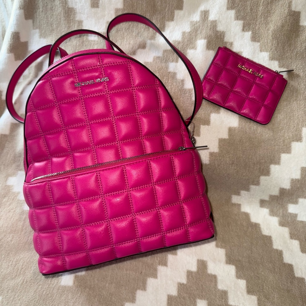 Michael Kors Fuchsia Quilted Backpack and Wallet